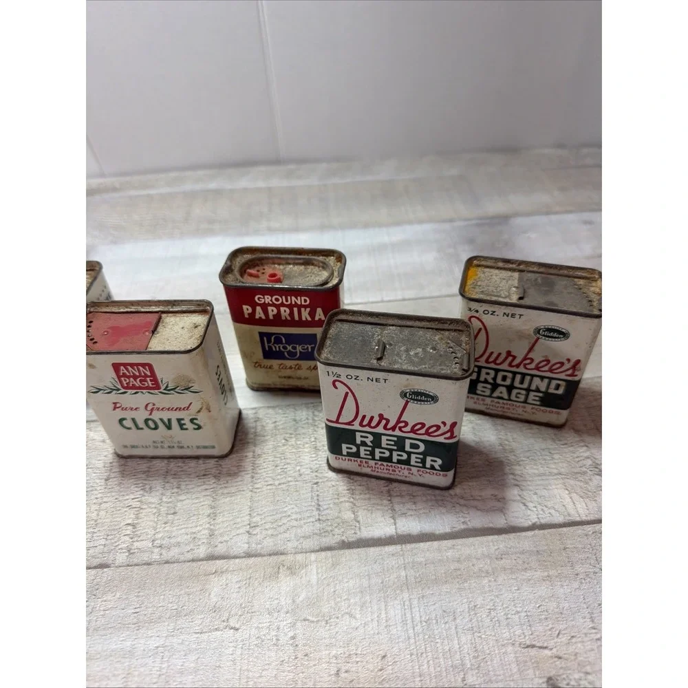 Lot of 8 Vintage Spice Tins Durkee Ann Page Kroger French's Advertising Kitchen